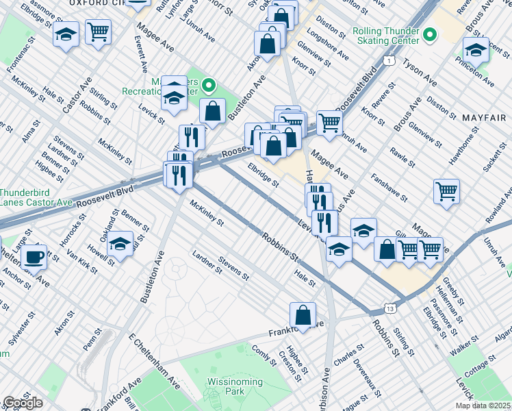 map of restaurants, bars, coffee shops, grocery stores, and more near 6336 Farnsworth Street in Philadelphia