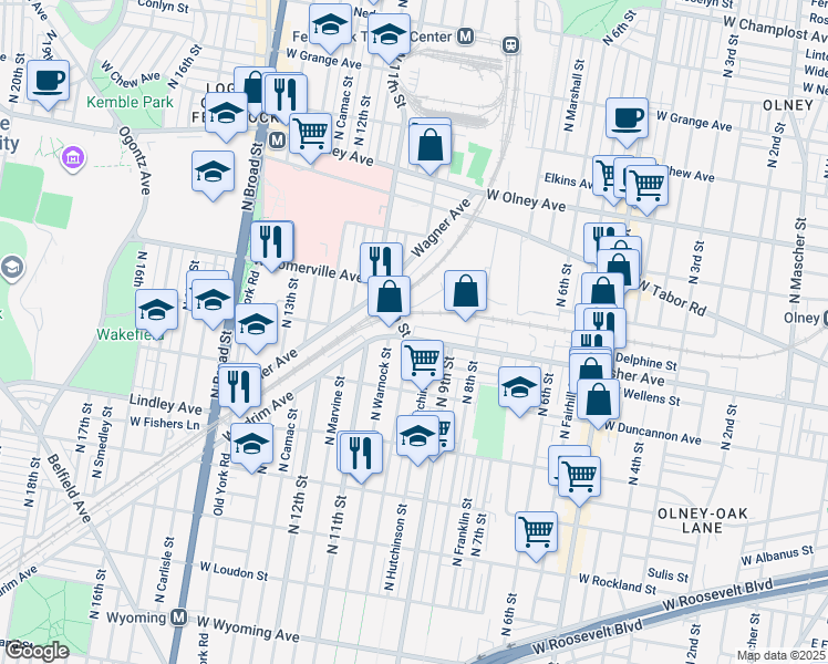 map of restaurants, bars, coffee shops, grocery stores, and more near 953 West Fisher Avenue in Philadelphia