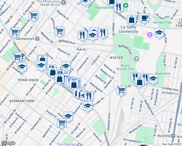 map of restaurants, bars, coffee shops, grocery stores, and more near 243 East Wister Street in Philadelphia