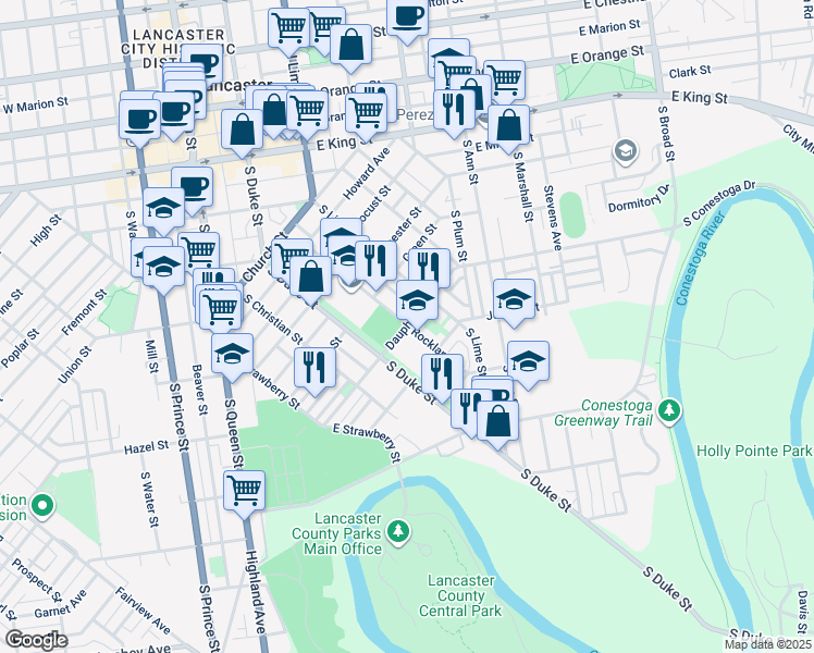 map of restaurants, bars, coffee shops, grocery stores, and more near 305 Dauphin Street in Lancaster