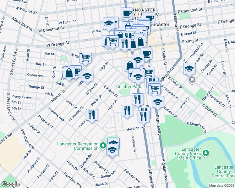 map of restaurants, bars, coffee shops, grocery stores, and more near 329 East Filbert Street in Lancaster