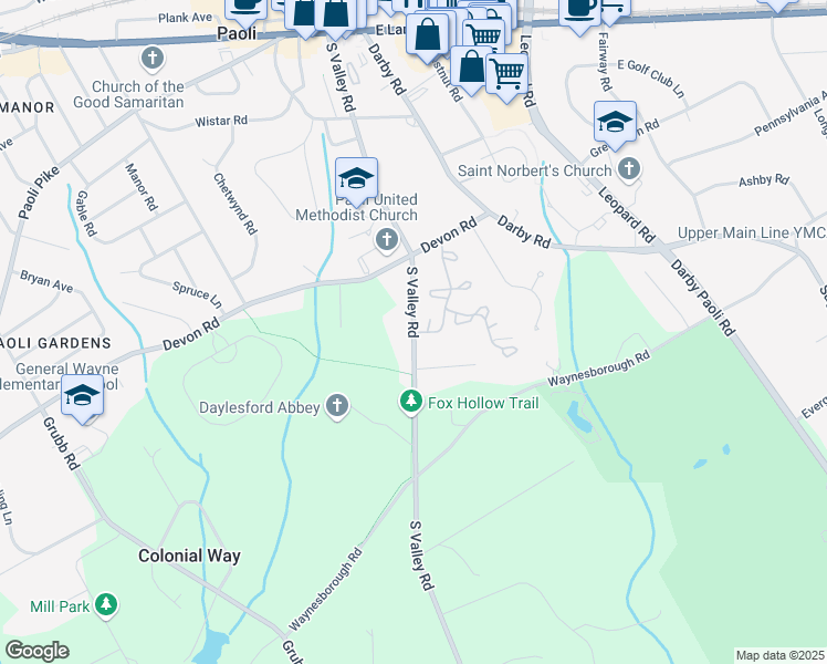 map of restaurants, bars, coffee shops, grocery stores, and more near 4 Weatherstone Drive in Paoli