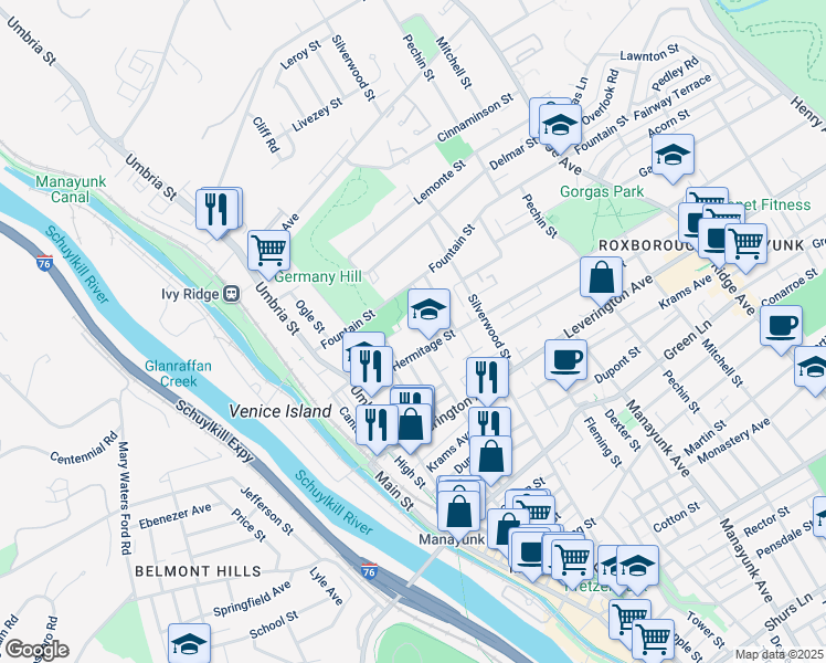 map of restaurants, bars, coffee shops, grocery stores, and more near 234 Hermitage Street in Philadelphia