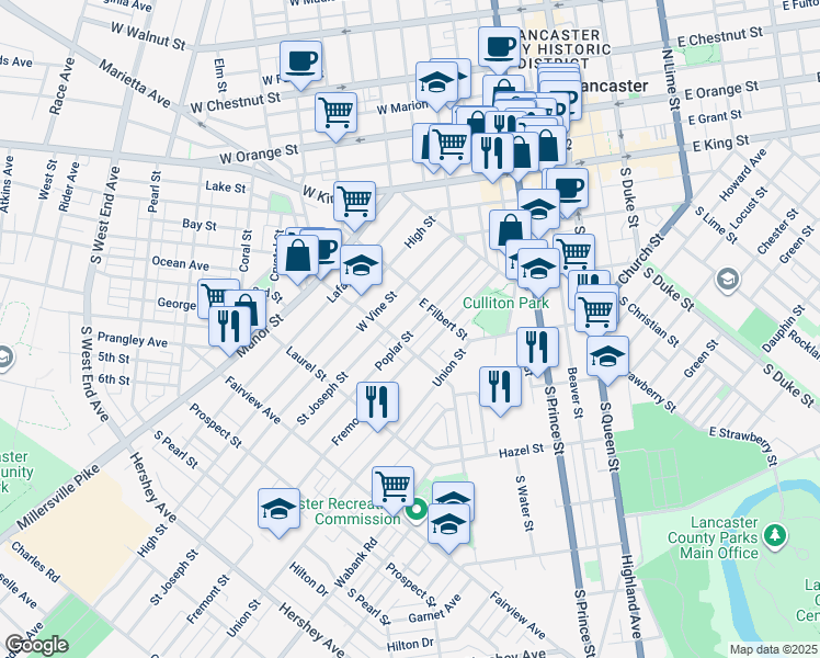 map of restaurants, bars, coffee shops, grocery stores, and more near 527 Poplar Street in Lancaster