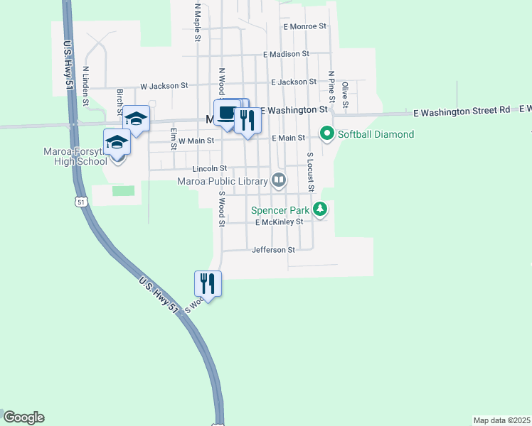 map of restaurants, bars, coffee shops, grocery stores, and more near 301-399 S Chestnut St in Maroa