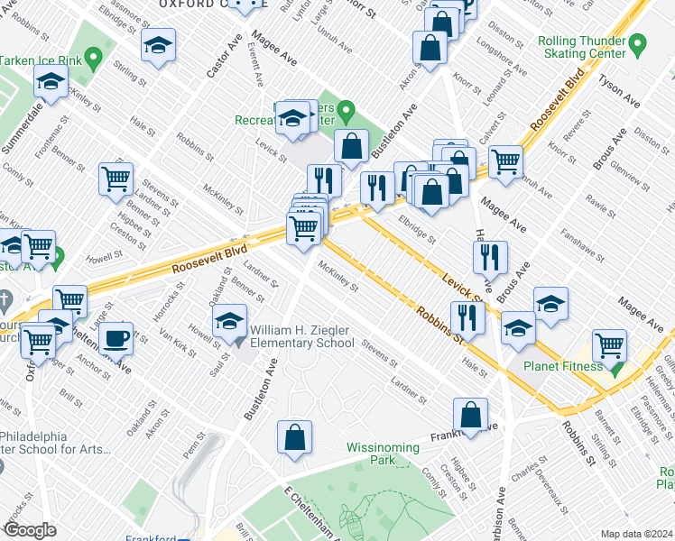map of restaurants, bars, coffee shops, grocery stores, and more near 2035 McKinley Street in Philadelphia