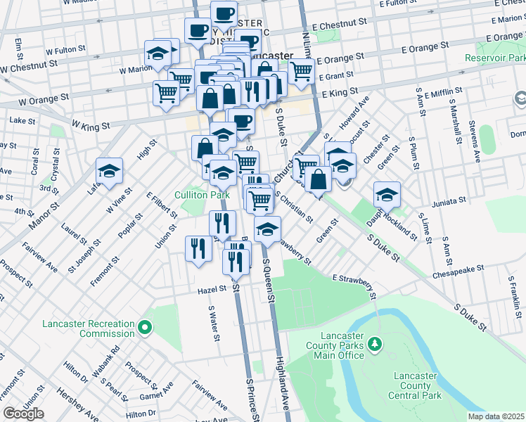 map of restaurants, bars, coffee shops, grocery stores, and more near 313 South Queen Street in Lancaster