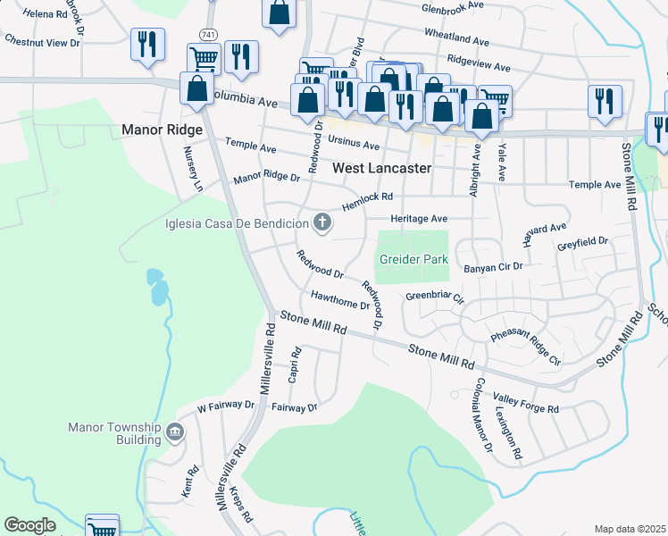 map of restaurants, bars, coffee shops, grocery stores, and more near 407 Redwood Drive in Lancaster