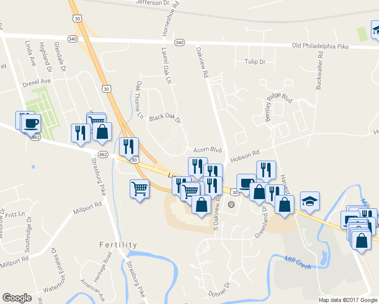 map of restaurants, bars, coffee shops, grocery stores, and more near 1 Black Oak Drive in Lancaster