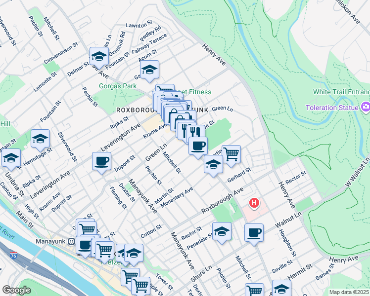 map of restaurants, bars, coffee shops, grocery stores, and more near 497 Conarroe Street in Philadelphia
