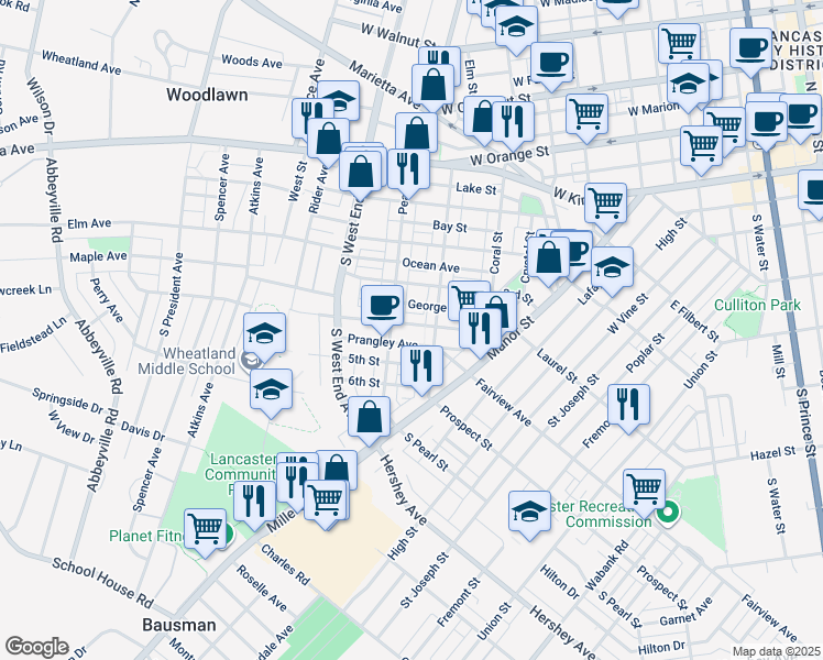 map of restaurants, bars, coffee shops, grocery stores, and more near 728 4th Street in Lancaster
