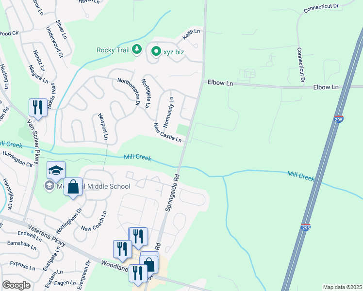 map of restaurants, bars, coffee shops, grocery stores, and more near 130 New Castle Lane in Willingboro