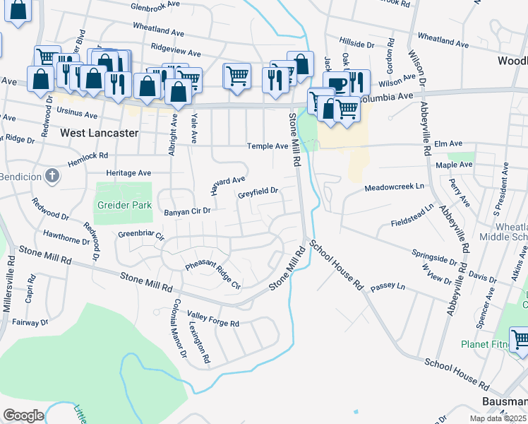 map of restaurants, bars, coffee shops, grocery stores, and more near 106 Dawnfield Court in Lancaster
