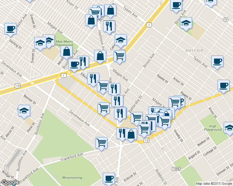 map of restaurants, bars, coffee shops, grocery stores, and more near 2814 Hellerman Street in Philadelphia