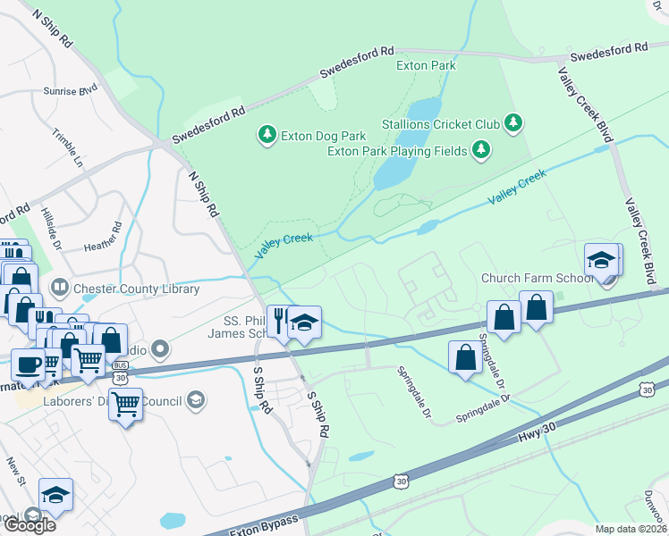 map of restaurants, bars, coffee shops, grocery stores, and more near Chester Valley Trail in Exton