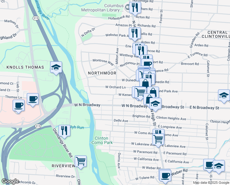 map of restaurants, bars, coffee shops, grocery stores, and more near 147 West Orchard Lane in Columbus