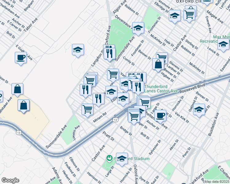 map of restaurants, bars, coffee shops, grocery stores, and more near 977 Anchor Street in Philadelphia