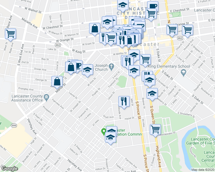 map of restaurants, bars, coffee shops, grocery stores, and more near 507 Fremont Street in Lancaster