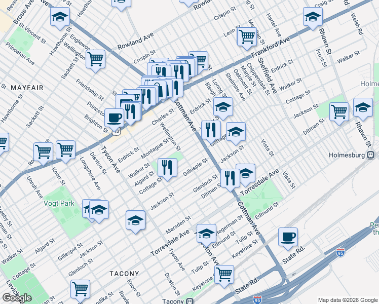 map of restaurants, bars, coffee shops, grocery stores, and more near 7232 Algard Street in Philadelphia