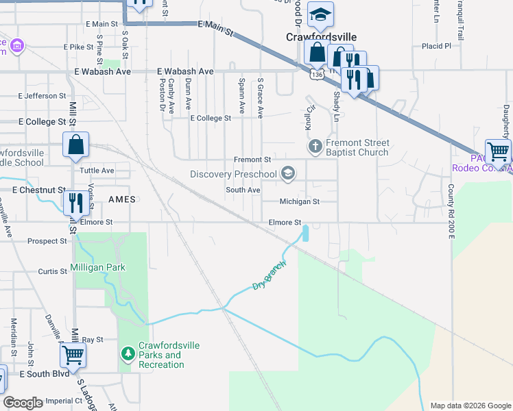 map of restaurants, bars, coffee shops, grocery stores, and more near 905 South Grace Avenue in Crawfordsville