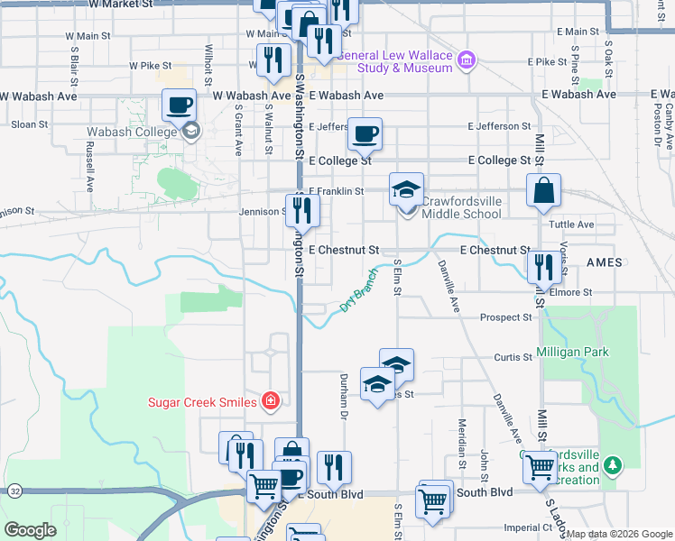 map of restaurants, bars, coffee shops, grocery stores, and more near 800 South Green Street in Crawfordsville