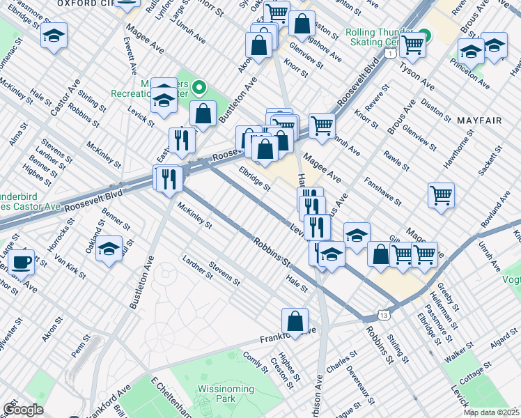map of restaurants, bars, coffee shops, grocery stores, and more near 2705 Levick Street in Philadelphia