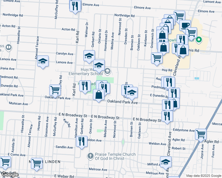 map of restaurants, bars, coffee shops, grocery stores, and more near 3272 Medina Avenue in Columbus