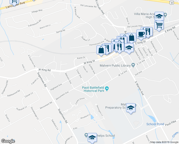 map of restaurants, bars, coffee shops, grocery stores, and more near 11 Nolan Drive in Malvern