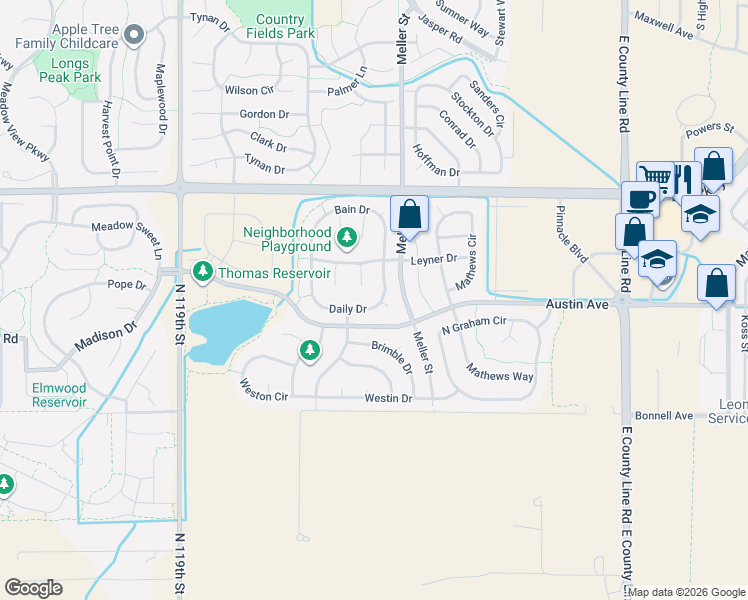 map of restaurants, bars, coffee shops, grocery stores, and more near 1593 Daily Drive in Erie