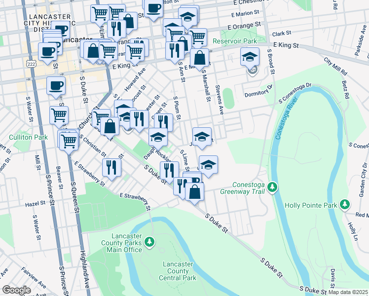 map of restaurants, bars, coffee shops, grocery stores, and more near 131 Juniata Street in Lancaster