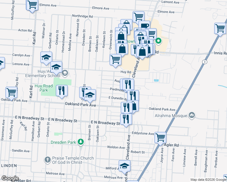 map of restaurants, bars, coffee shops, grocery stores, and more near 1740 Piedmont Road in Columbus