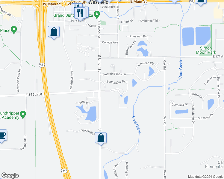 map of restaurants, bars, coffee shops, grocery stores, and more near 1800 Ashley Way in Westfield
