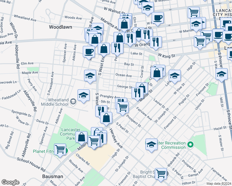 map of restaurants, bars, coffee shops, grocery stores, and more near 736 4th Street in Lancaster