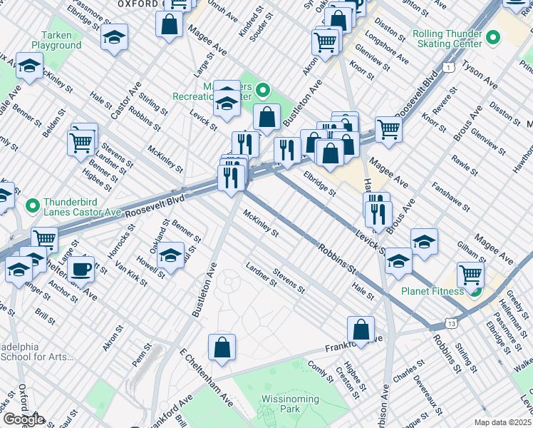 map of restaurants, bars, coffee shops, grocery stores, and more near 2044 Robbins Street in Philadelphia