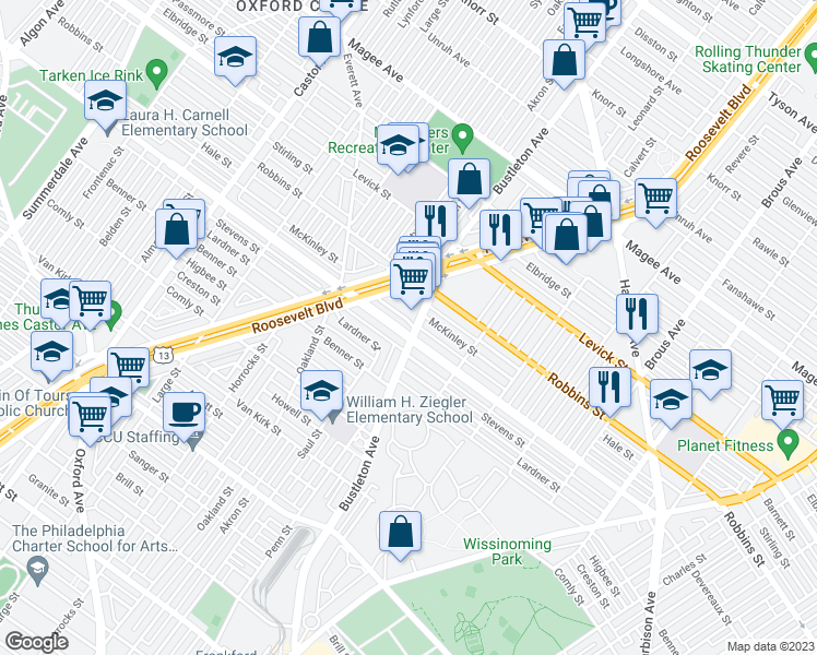 map of restaurants, bars, coffee shops, grocery stores, and more near 1949 Devereaux Avenue in Philadelphia
