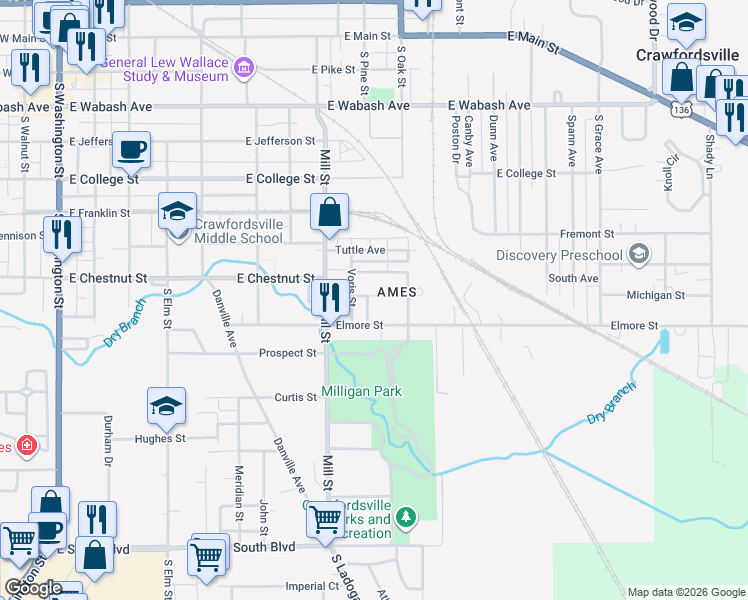 map of restaurants, bars, coffee shops, grocery stores, and more near 1014 Chapel Avenue in Crawfordsville