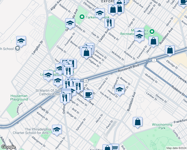 map of restaurants, bars, coffee shops, grocery stores, and more near 6838 East Roosevelt Boulevard in Philadelphia