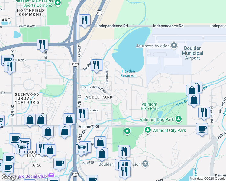 map of restaurants, bars, coffee shops, grocery stores, and more near 4855 Kings Ridge Boulevard in Boulder
