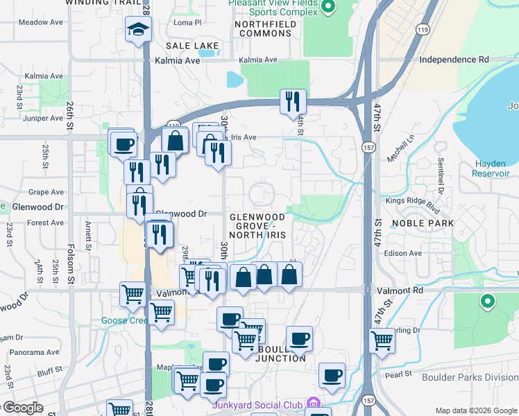 map of restaurants, bars, coffee shops, grocery stores, and more near 3250 O'Neal Circle in Boulder