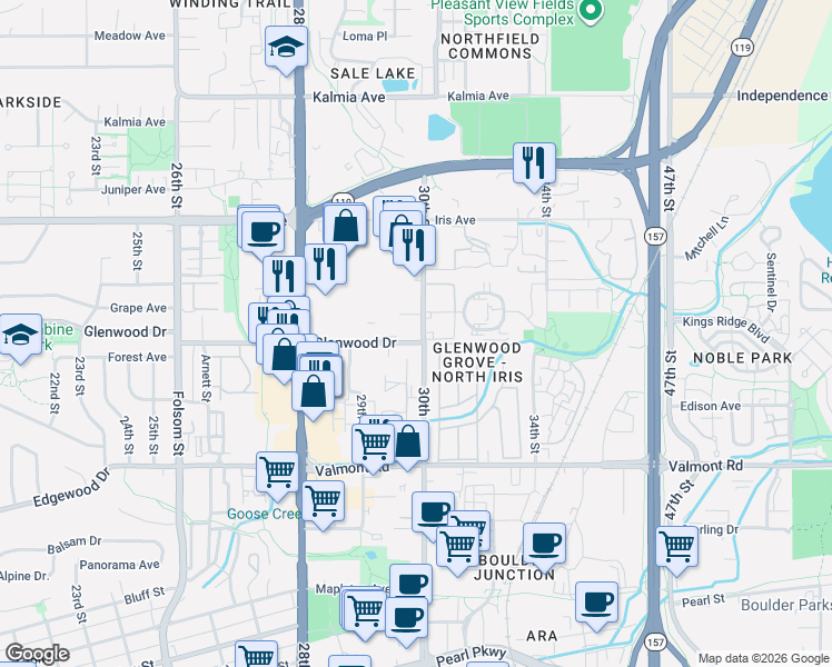 map of restaurants, bars, coffee shops, grocery stores, and more near 3030 Oneal Parkway in Boulder