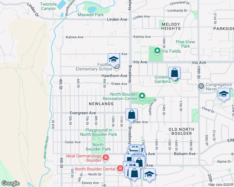 map of restaurants, bars, coffee shops, grocery stores, and more near 3237 11th Street in Boulder