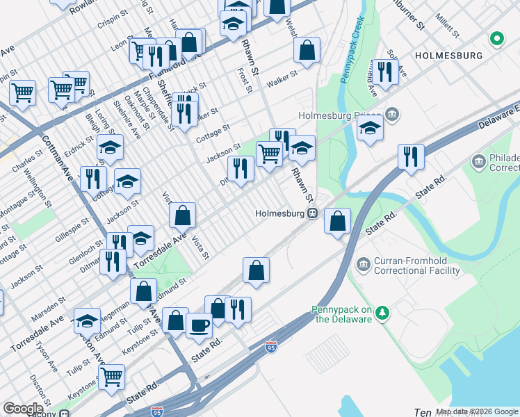 map of restaurants, bars, coffee shops, grocery stores, and more near 4724 Hartel Avenue in Philadelphia