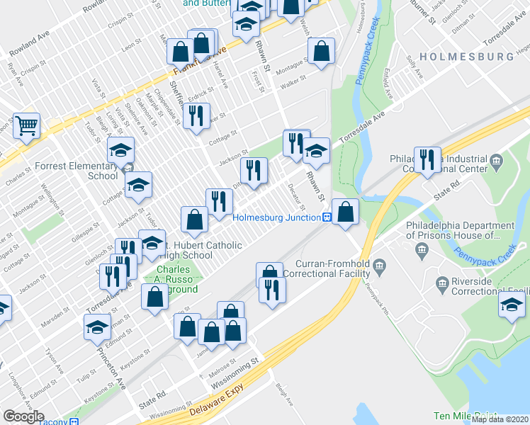 map of restaurants, bars, coffee shops, grocery stores, and more near 4724 Hartel Avenue in Philadelphia