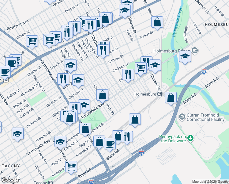map of restaurants, bars, coffee shops, grocery stores, and more near 4615 Marple Street in Philadelphia