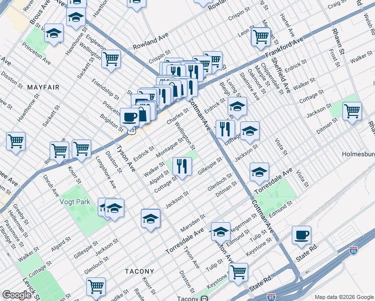 map of restaurants, bars, coffee shops, grocery stores, and more near 7178 Walker Street in Philadelphia
