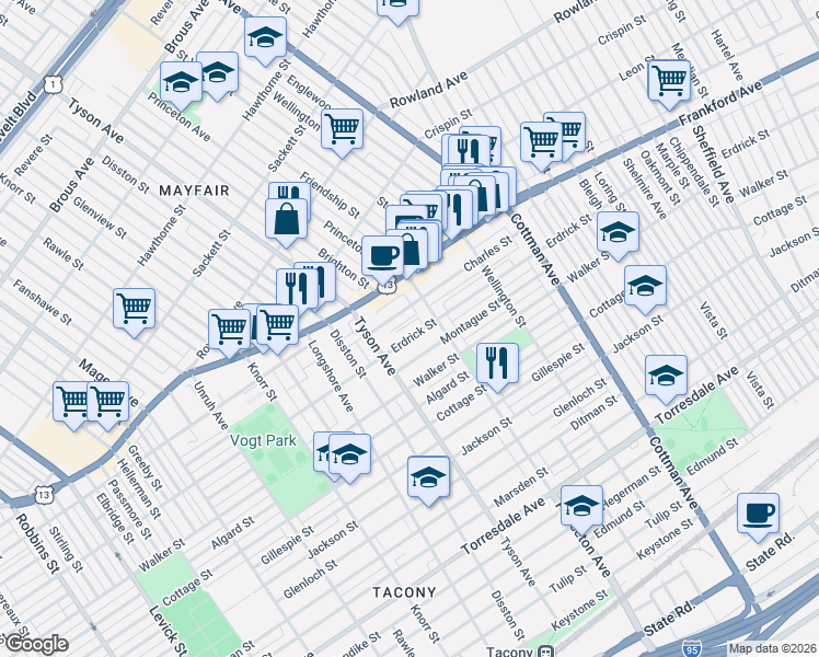 map of restaurants, bars, coffee shops, grocery stores, and more near 7037 Charles Street in Philadelphia