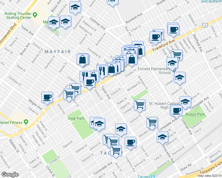 map of restaurants, bars, coffee shops, grocery stores, and more near 7037 Charles Street in Philadelphia