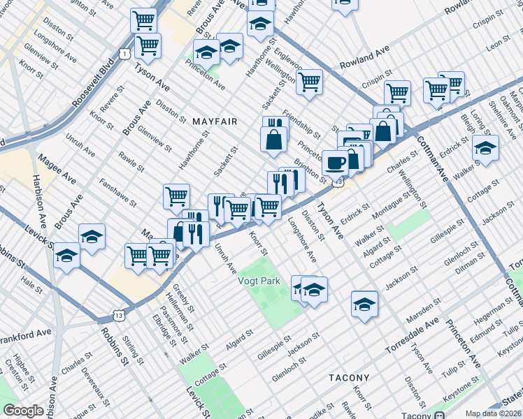 map of restaurants, bars, coffee shops, grocery stores, and more near 3331 Longshore Avenue in Philadelphia