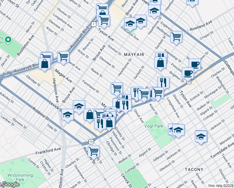 map of restaurants, bars, coffee shops, grocery stores, and more near 3124 Rawle Street in Philadelphia