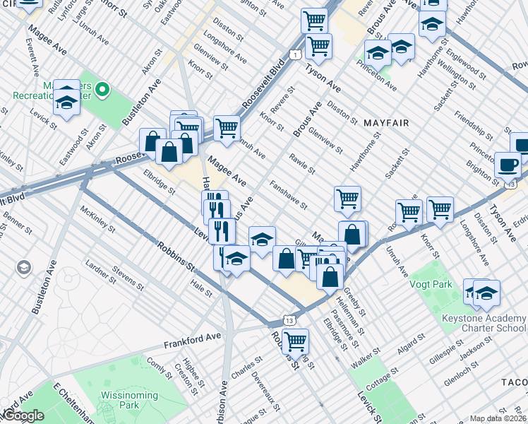 map of restaurants, bars, coffee shops, grocery stores, and more near 2930 Magee Avenue in Philadelphia